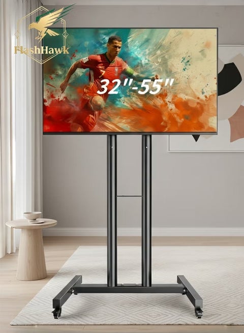 حامل تلفزيون أرضي متنقل بارتفاع قابل للتعديل مع عجلات لشاشات تلفزيون LCD LED مقاس 32-55 بوصة